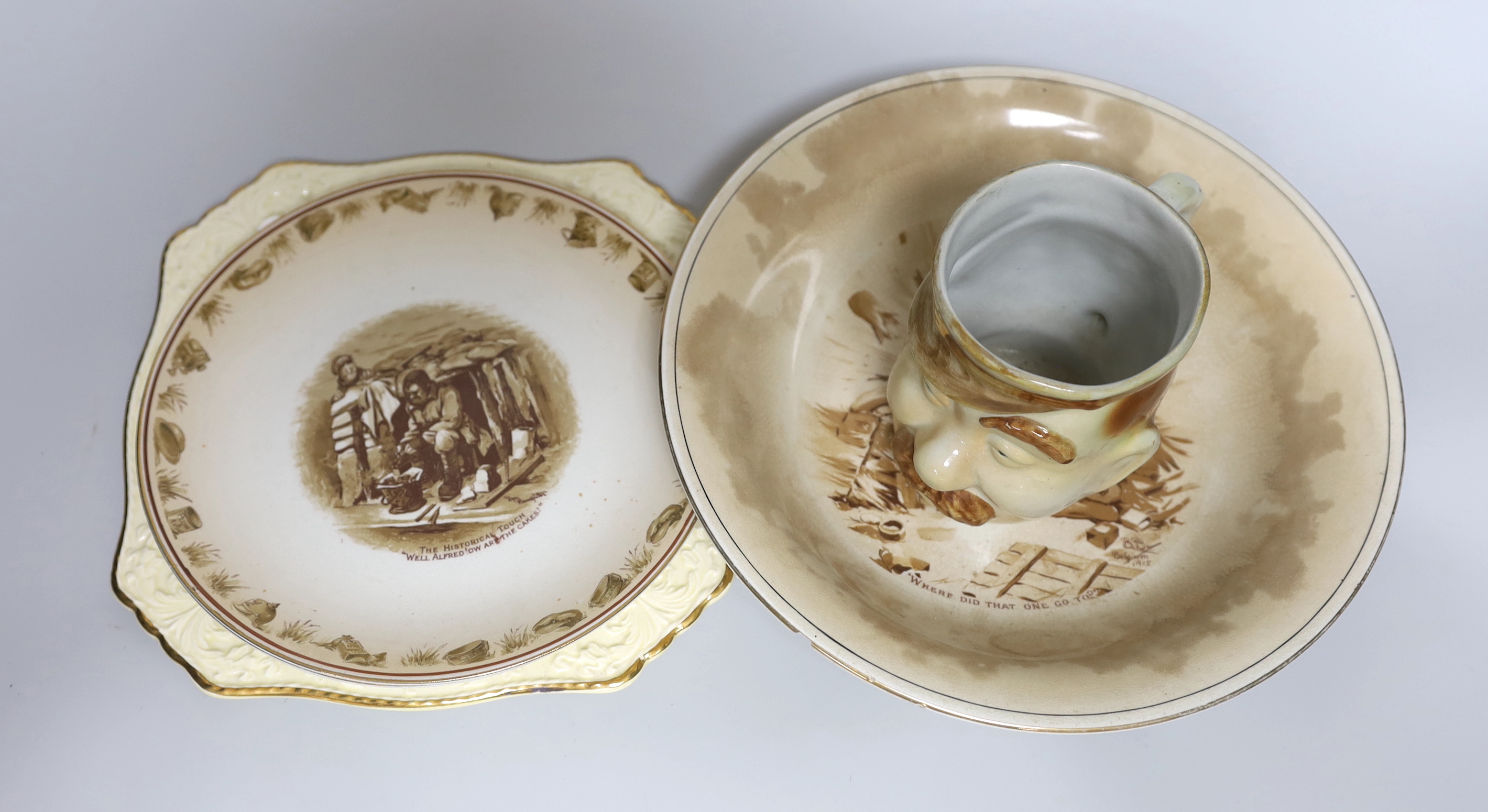 Three Bruce Bairnsfather 'Old Bill' pottery dishes and a bowl, by Grimwades, all printed with World War caricature subjects (4)